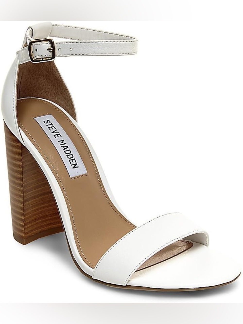 Steve Madden Ivory White Block Heel Sandals with Wood-Effect Heel